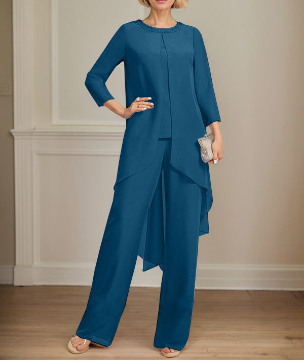 Separates Jumpsuit/Pantsuit Scoop Floor-Length Chiffon Mother of the Bride Dress With Sequins Beading