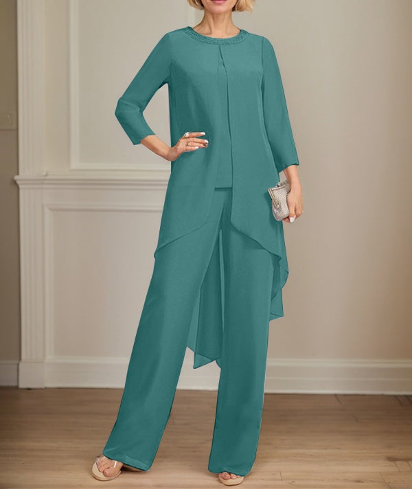 Separates Jumpsuit/Pantsuit Scoop Floor-Length Chiffon Mother of the Bride Dress With Sequins Beading