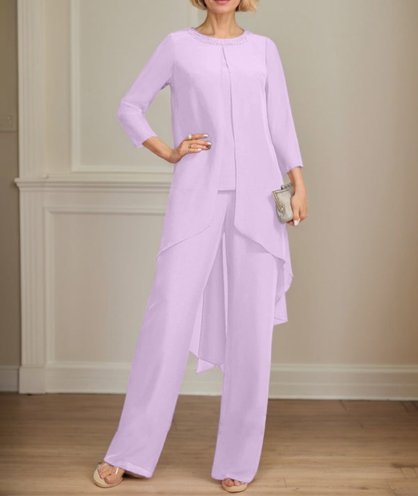 Separates Jumpsuit/Pantsuit Scoop Floor-Length Chiffon Mother of the Bride Dress With Sequins Beading