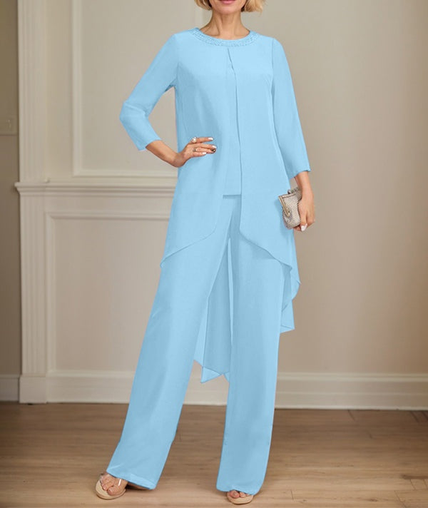 Separates Jumpsuit/Pantsuit Scoop Floor-Length Chiffon Mother of the Bride Dress With Sequins Beading
