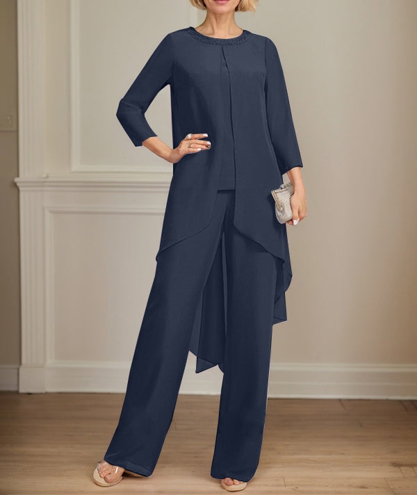 Separates Jumpsuit/Pantsuit Scoop Floor-Length Chiffon Mother of the Bride Dress With Sequins Beading
