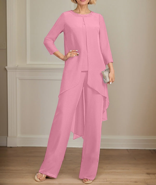Separates Jumpsuit/Pantsuit Scoop Floor-Length Chiffon Mother of the Bride Dress With Sequins Beading