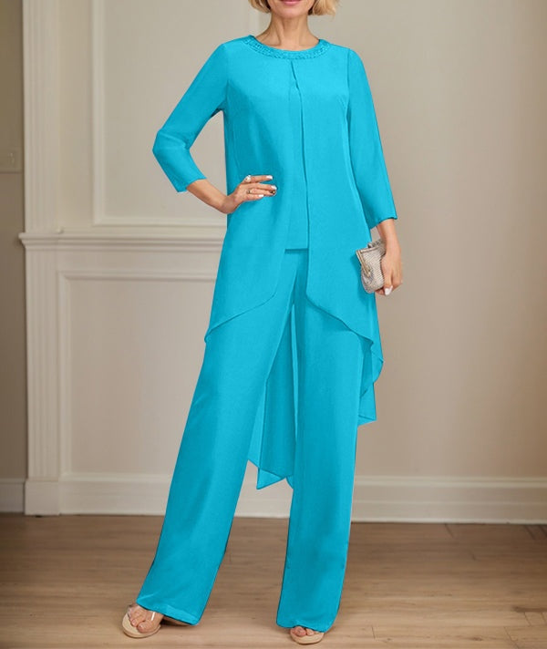Separates Jumpsuit/Pantsuit Scoop Floor-Length Chiffon Mother of the Bride Dress With Sequins Beading
