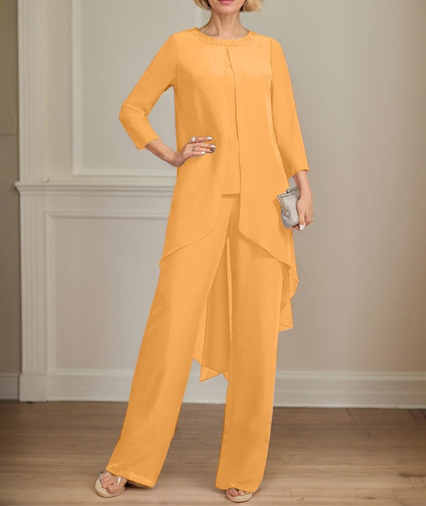Separates Jumpsuit/Pantsuit Scoop Floor-Length Chiffon Mother of the Bride Dress With Sequins Beading