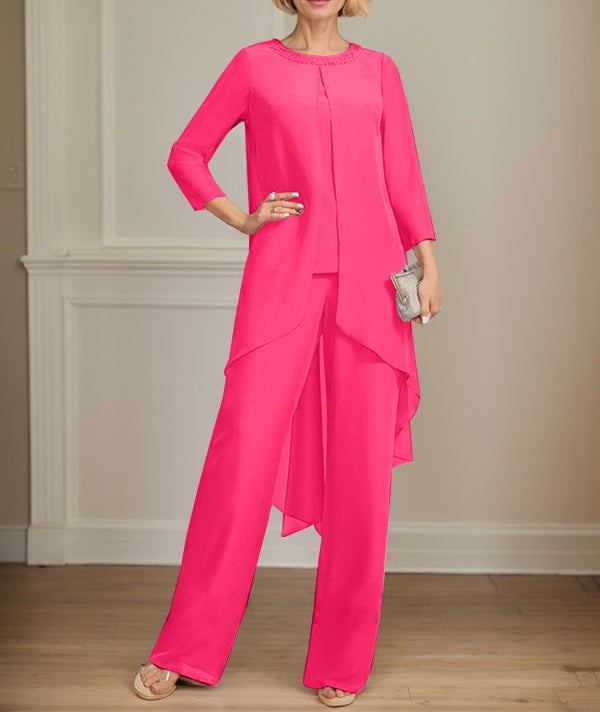 Separates Jumpsuit/Pantsuit Scoop Floor-Length Chiffon Mother of the Bride Dress With Sequins Beading