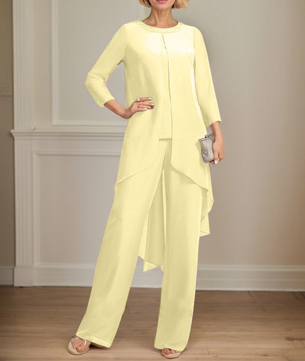 Separates Jumpsuit/Pantsuit Scoop Floor-Length Chiffon Mother of the Bride Dress With Sequins Beading