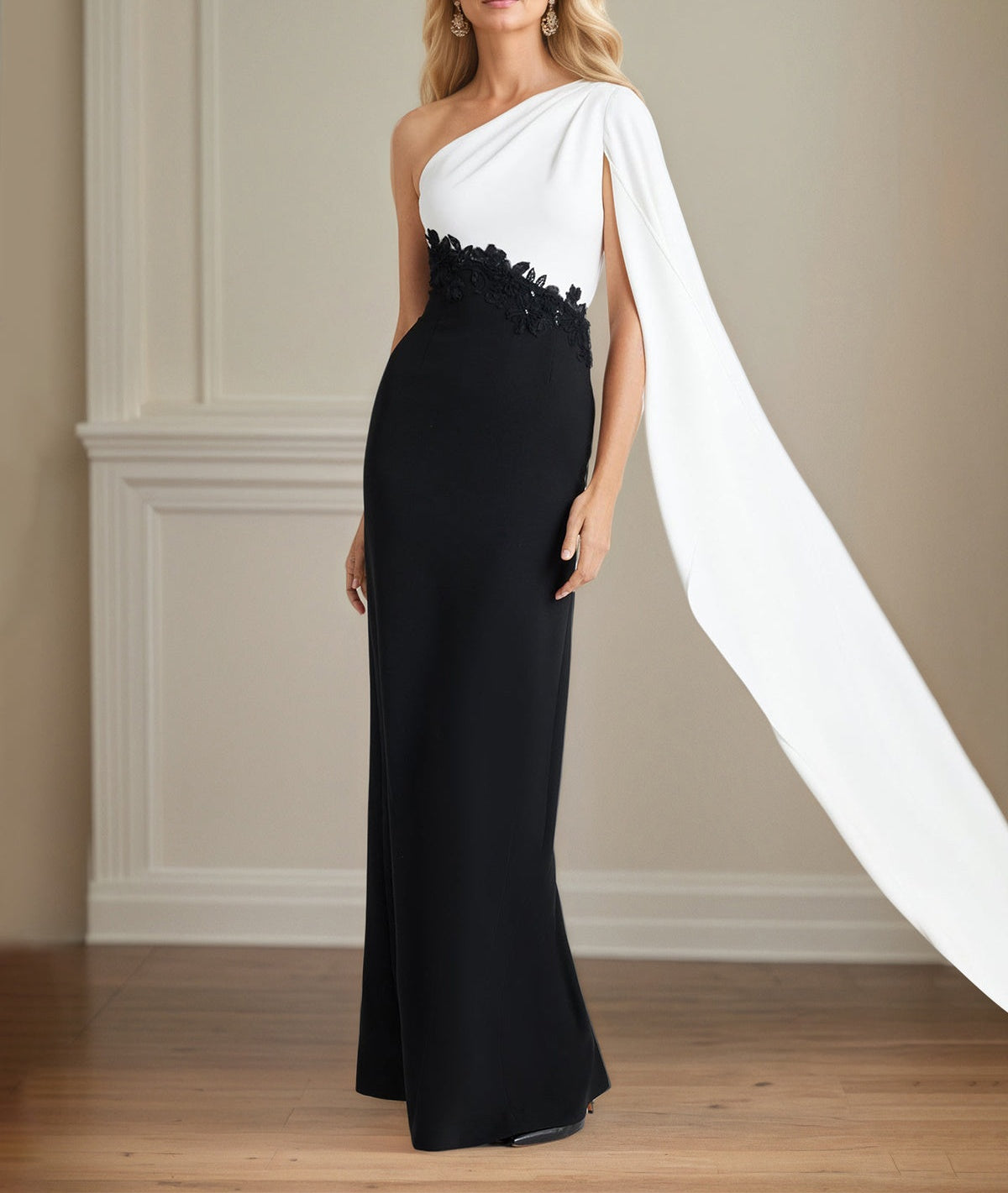 Black Stretch Crepe Sheath/Column One Shoulder Floor Length Mother of the Bride Dresses