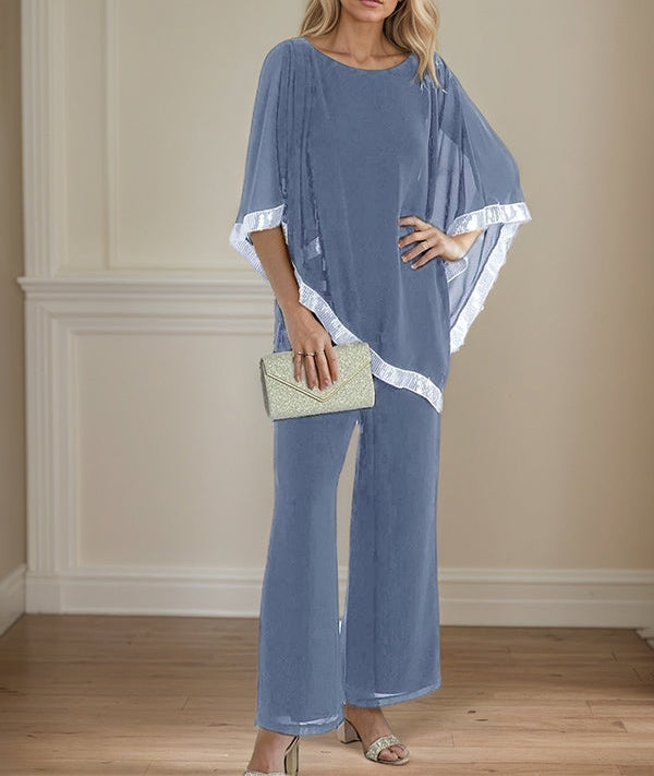 2 Piece Jumpsuit / Pantsuit Crew Neck Chiffon Mother of the Bride Dress