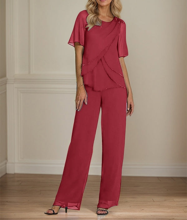 2 Piece Jumpsuit / Pantsuit Crew Neck Floor Length Chiffon Mother of the Bride Dress