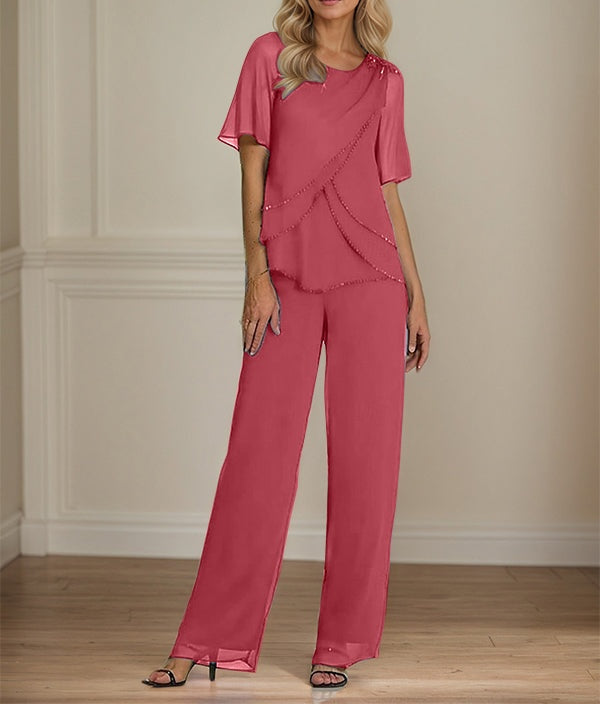 2 Piece Jumpsuit / Pantsuit Crew Neck Floor Length Chiffon Mother of the Bride Dress