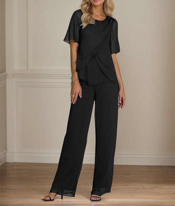 2 Piece Jumpsuit / Pantsuit Crew Neck Floor Length Chiffon Mother of the Bride Dress