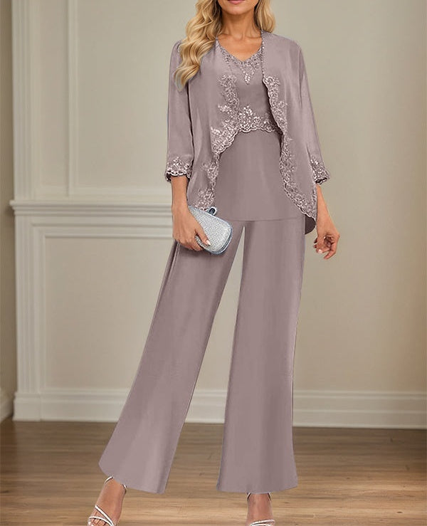 Elegant Simple Scoop Neck Floor Length Mother of the Bride Pantsuit Wedding Guest Dress