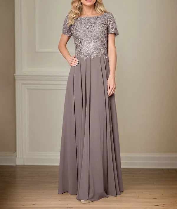 A Line Chiffon Boat Neck Short Sleeves Floor Length Pleated Mother of the Bride Dresses