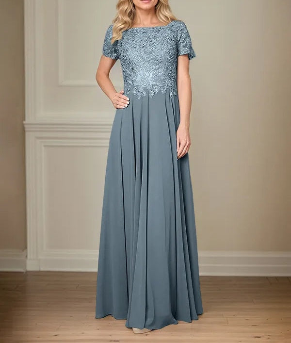 A Line Chiffon Boat Neck Short Sleeves Floor Length Pleated Mother of the Bride Dresses