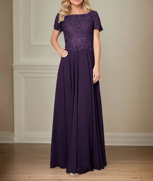 A Line Chiffon Boat Neck Short Sleeves Floor Length Pleated Mother of the Bride Dresses