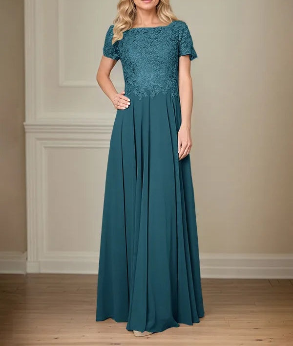 A Line Chiffon Boat Neck Short Sleeves Floor Length Pleated Mother of the Bride Dresses