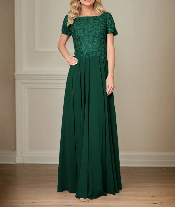A Line Chiffon Boat Neck Short Sleeves Floor Length Pleated Mother of the Bride Dresses