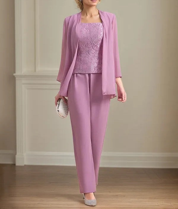 Chiffon Square Neck Sleeveless Floor Length Mother of the Bride Pantsuits