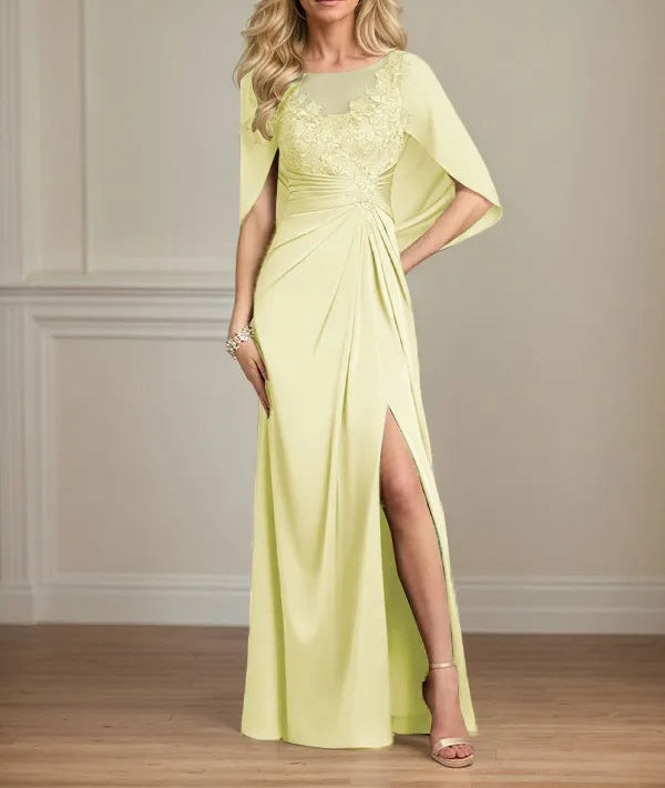 Sheath/Column Satin Scoop Neck Cap Sleeves Floor Length Mother Of The Bride Dresses