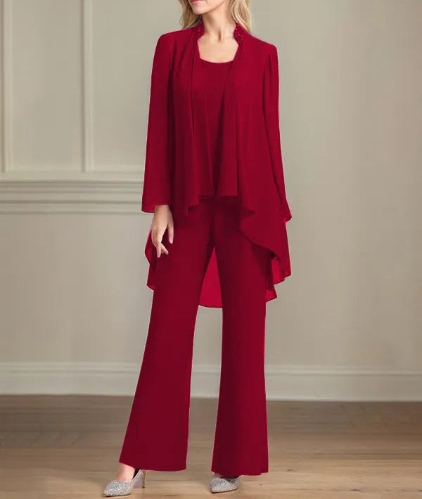 Chiffon Scoop Neck Long Sleeves Floor Length Mother Of The Bride Pantsuits