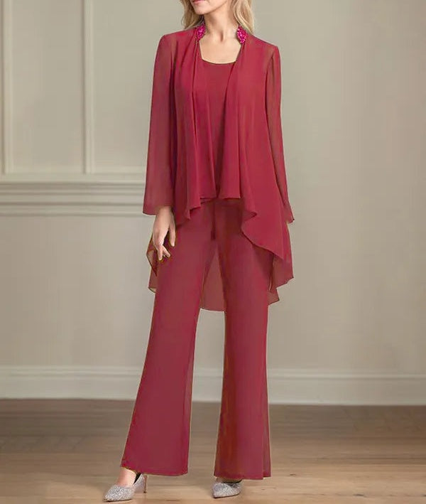 Chiffon Scoop Neck Long Sleeves Floor Length Mother Of The Bride Pantsuits