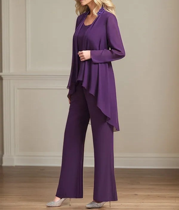 Chiffon Scoop Neck Long Sleeves Floor Length Mother Of The Bride Pantsuits