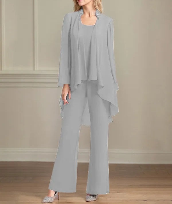 Chiffon Scoop Neck Long Sleeves Floor Length Mother Of The Bride Pantsuits