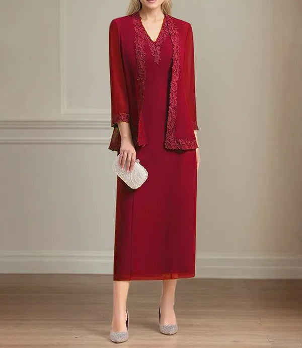 Sheath/Column Chiffon V Neck 3/4 Sleeves Tea Length Mother Of The Bride Dress
