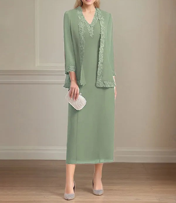 Sheath/Column Chiffon V Neck 3/4 Sleeves Tea Length Mother Of The Bride Dress
