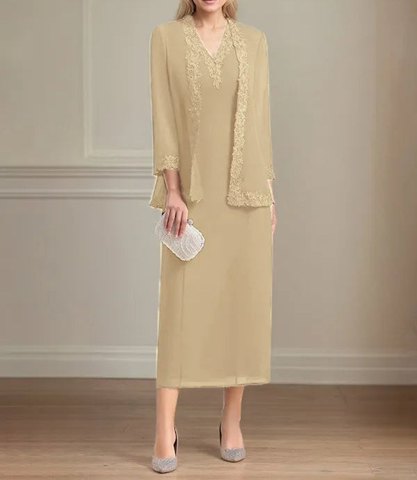 Sheath/Column Chiffon V Neck 3/4 Sleeves Tea Length Mother Of The Bride Dress