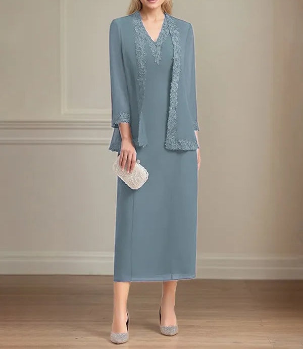 Sheath/Column Chiffon V Neck 3/4 Sleeves Tea Length Mother Of The Bride Dress