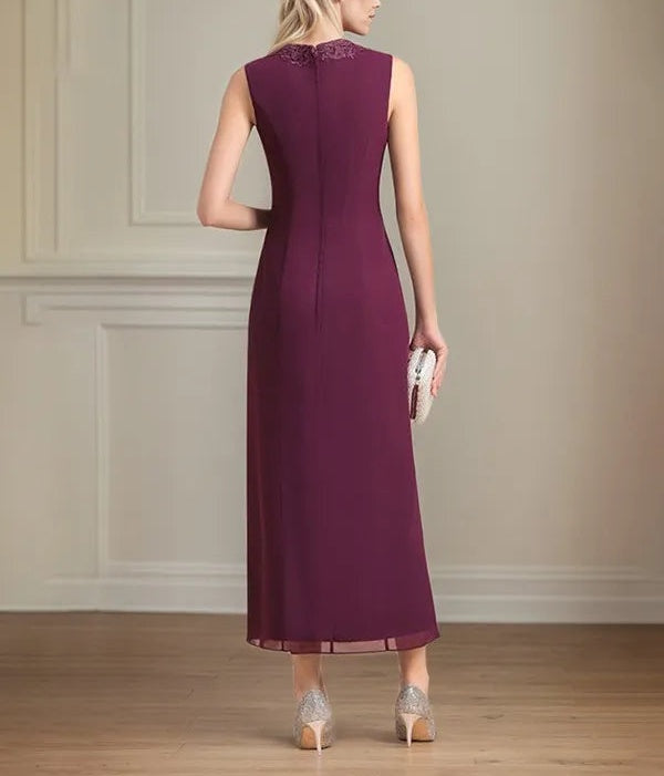 Sheath/Column Chiffon V Neck 3/4 Sleeves Tea Length Mother Of The Bride Dress
