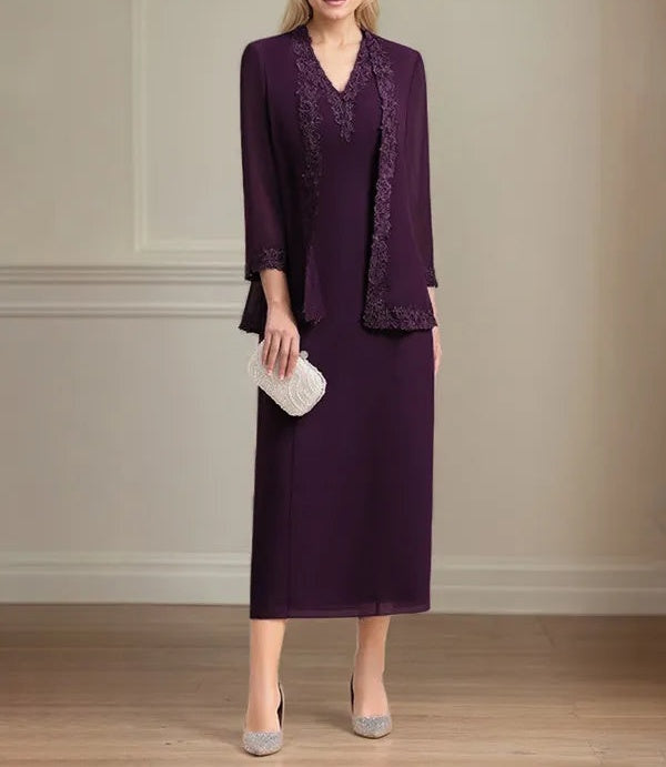 Sheath/Column Chiffon V Neck 3/4 Sleeves Tea Length Mother Of The Bride Dress