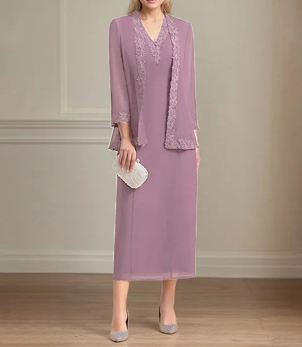 Sheath/Column Chiffon V Neck 3/4 Sleeves Tea Length Mother Of The Bride Dress