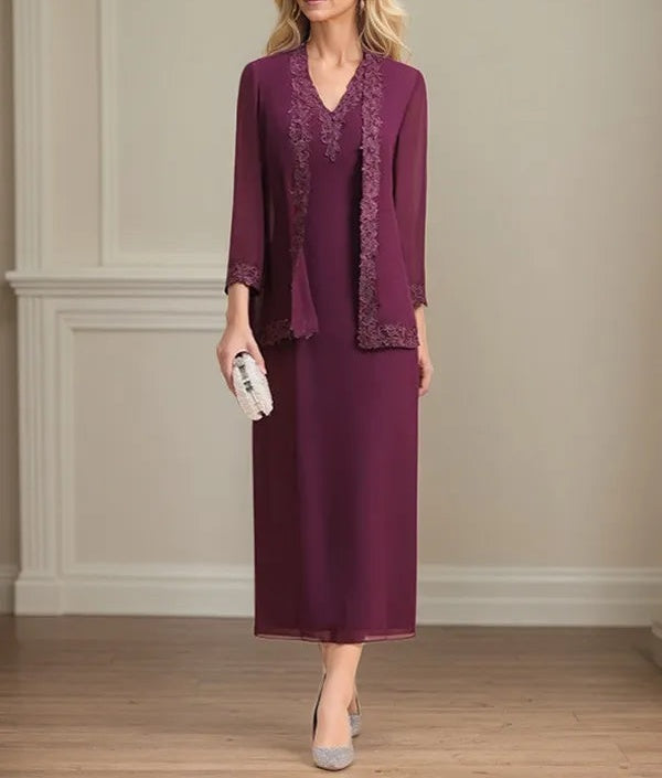 Sheath/Column Chiffon V Neck 3/4 Sleeves Tea Length Mother Of The Bride Dress