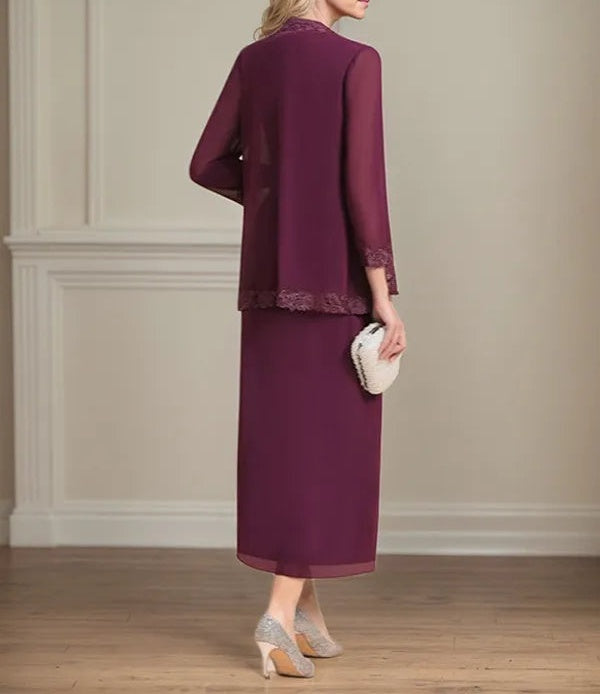Sheath/Column Chiffon V Neck 3/4 Sleeves Tea Length Mother Of The Bride Dress