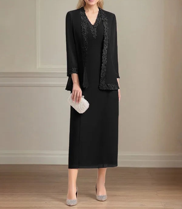 Sheath/Column Chiffon V Neck 3/4 Sleeves Tea Length Mother Of The Bride Dress