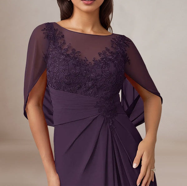Plum Sheath/Column Chiffon Boat Neck Floor Length Mother of the Bride Dress