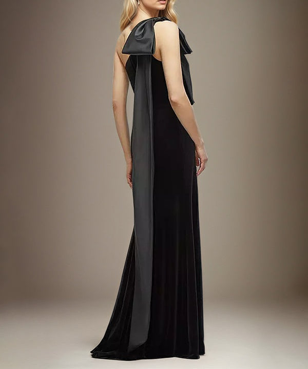 Stretch Crepe Sheath/Column One Shoulder Sleeveless Floor Length Dress With Bow