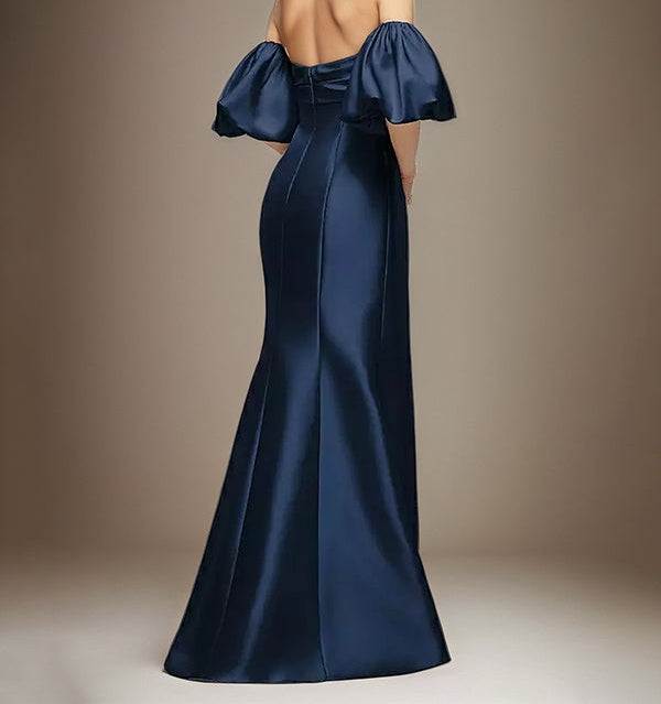 Navy Blue Satin Sheath/Column Off the Shoulder Puff Sleeve Floor Length Dress
