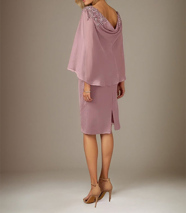 Mauve Sheath/Column Chiffon Bateau Neck Cape Sleeves Knee Length Dress