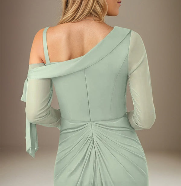 Sage Sheath/Column Chiffon One Shoulder Long Sleeves Floor Length Dress With Slit