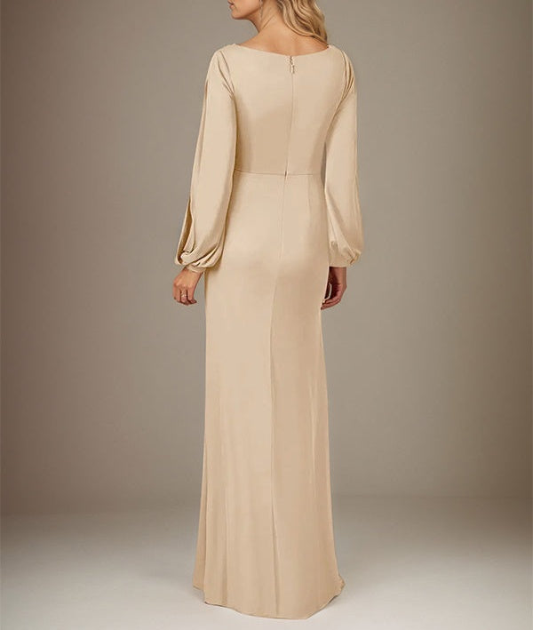 Champagne A Line Chiffon Round Neck Long Sleeves Floor Length Dress
