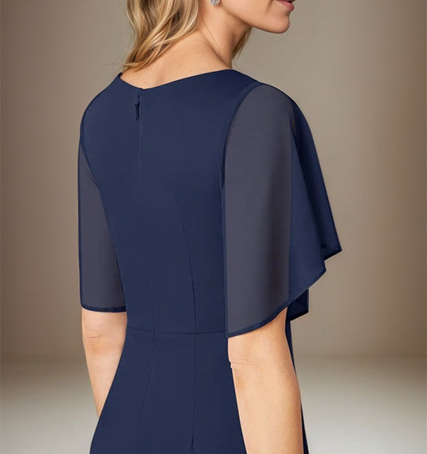 Dark Navy Sheath/Column Chiffon V Neck Floor Length Dress With Flutter Sleeves