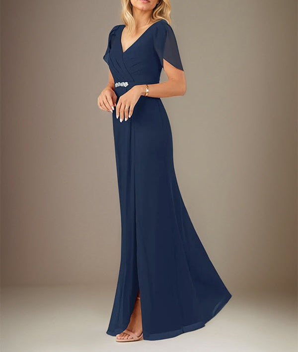 Dark Navy Sheath/Column Chiffon V Neck Short Sleeve Floor Length Dress