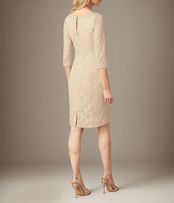Champagne Sheath/Column Lace Boat Neck 3/4 Sleeves Knee Length Dress With Slit