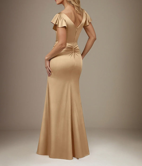 Champagne Trumpet/Mermaid Satin V Neck Short Sleeves Floor Length Dress With Slit