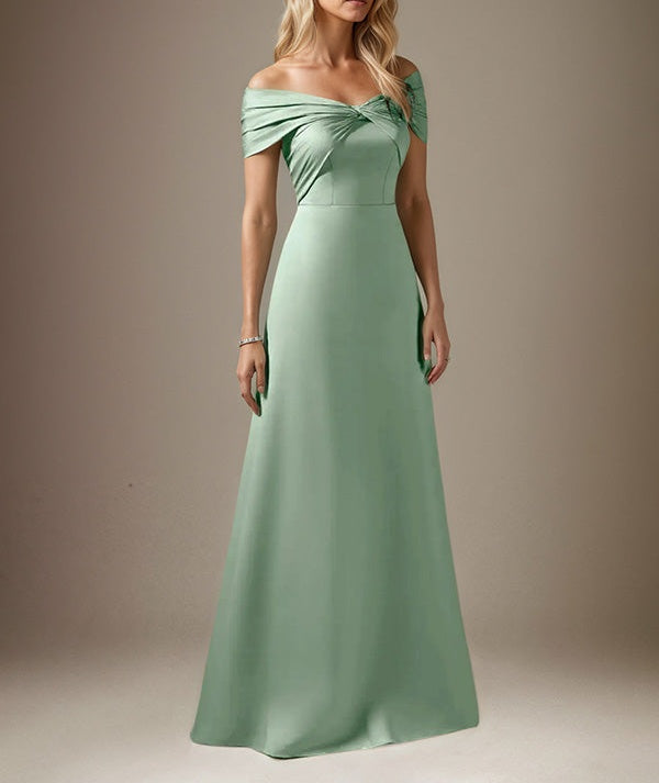 Mist Blue A Line Satin Off The Shoulder Sleeveless Floor Length Dress