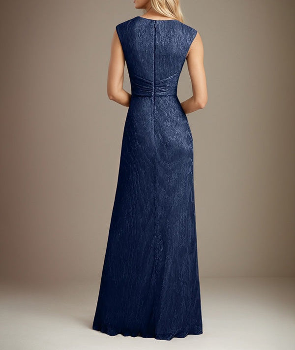 Dark Navy A Line Chiffon V Neck Sleeveless Floor Length Dress With High Slit