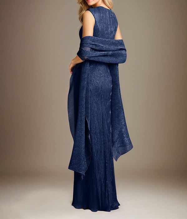 Dark Navy A Line Chiffon V Neck Sleeveless Floor Length Dress With High Slit